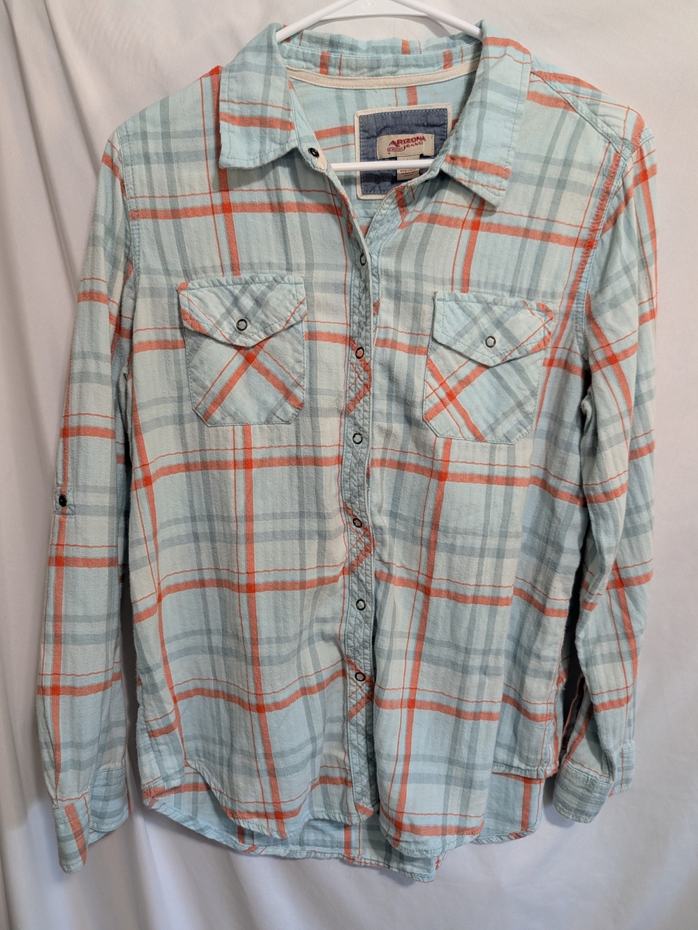 Arizona Jean Company Mint Green and Orange Plaid Button-Up Shirt